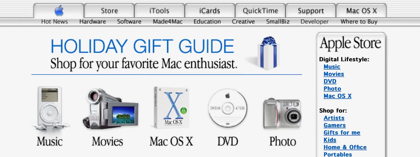 A screenshot of the Apple Holiday Gift Guide webpage in 2001.