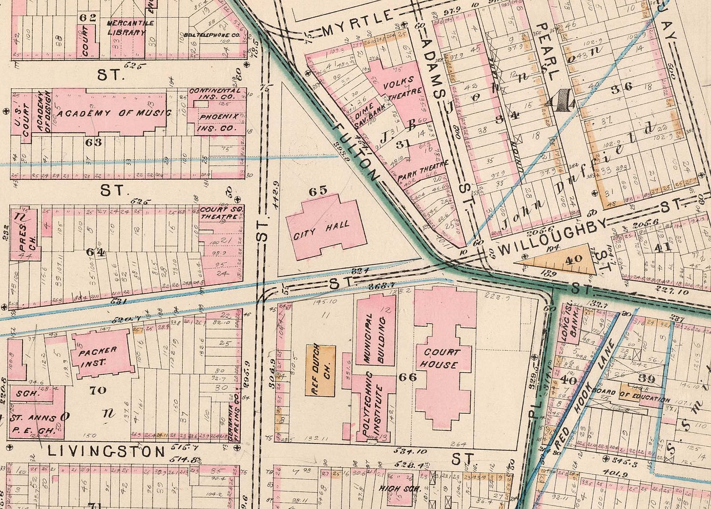 brooklyn map - A map of 1880 shows then City Hall as well as the later demolished Kings County Court House and Municipal Building