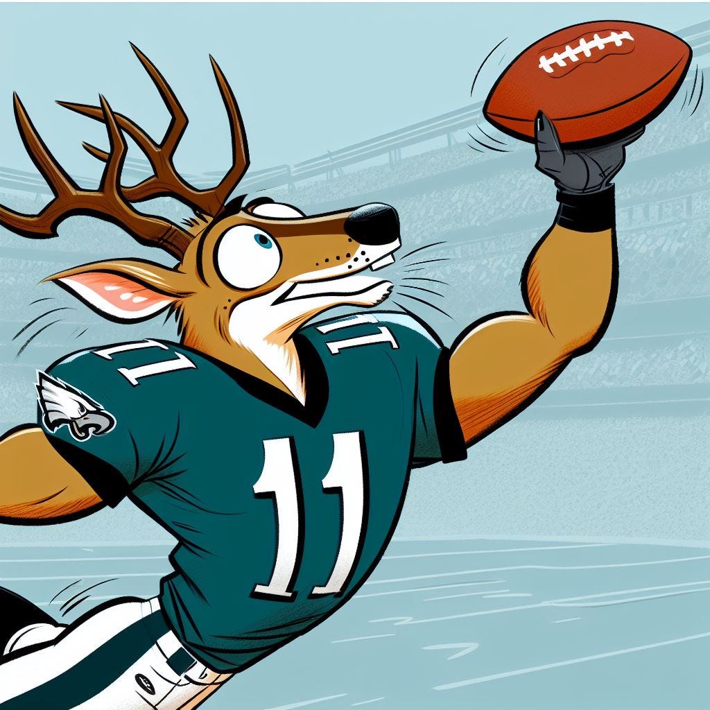 make a cartoon of number 11 on the Philadelphia Eagles, catching a touchdown. Instead of him being a human, though, make him a cartoon antelope
