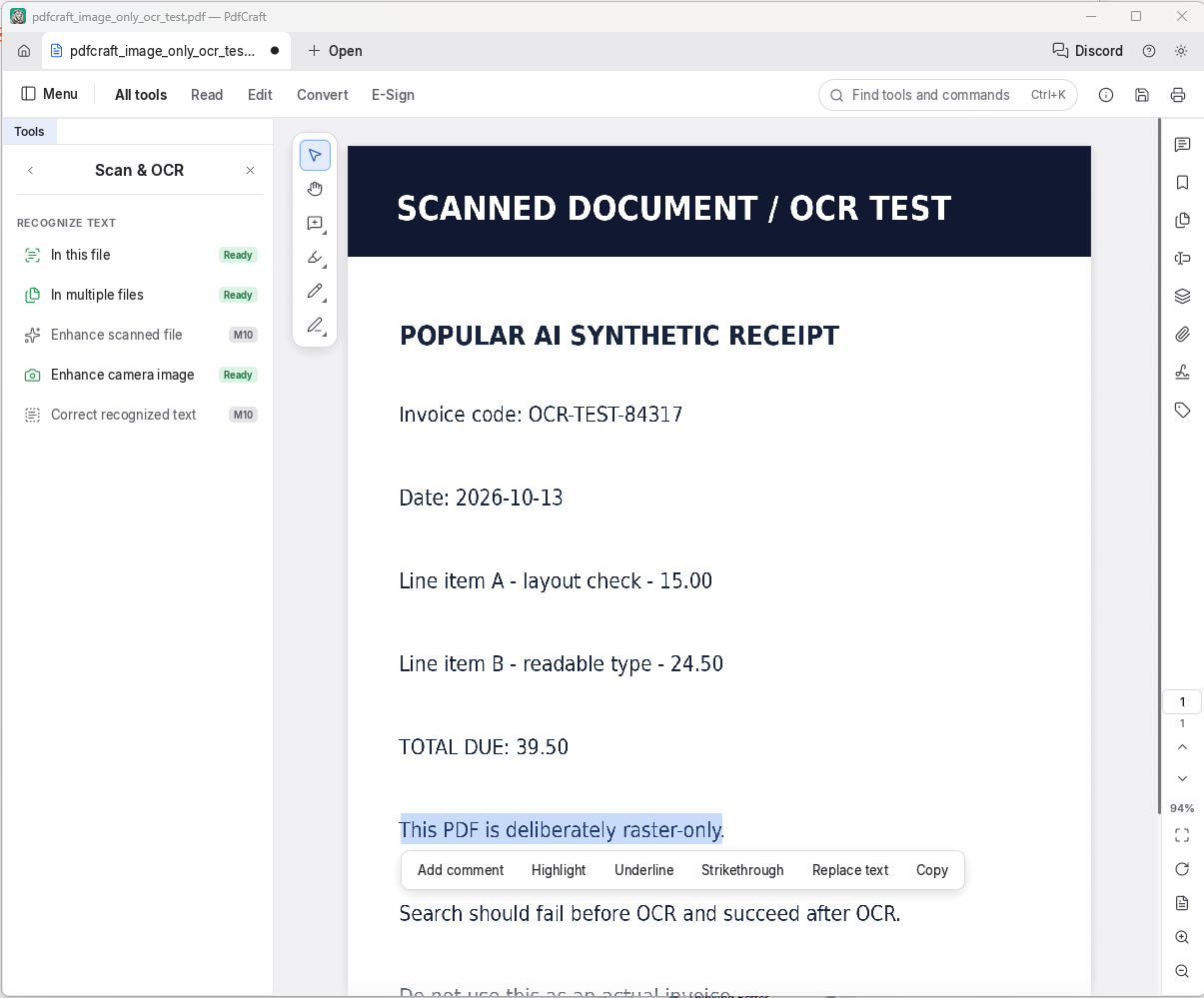 PdfCraft editing, OCR and organizing pages in a PDF document.