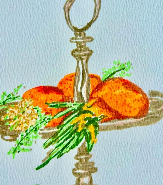 A tray holding an arrangement of oranges and greenery A tray holding an arrangement of oranges and greenery