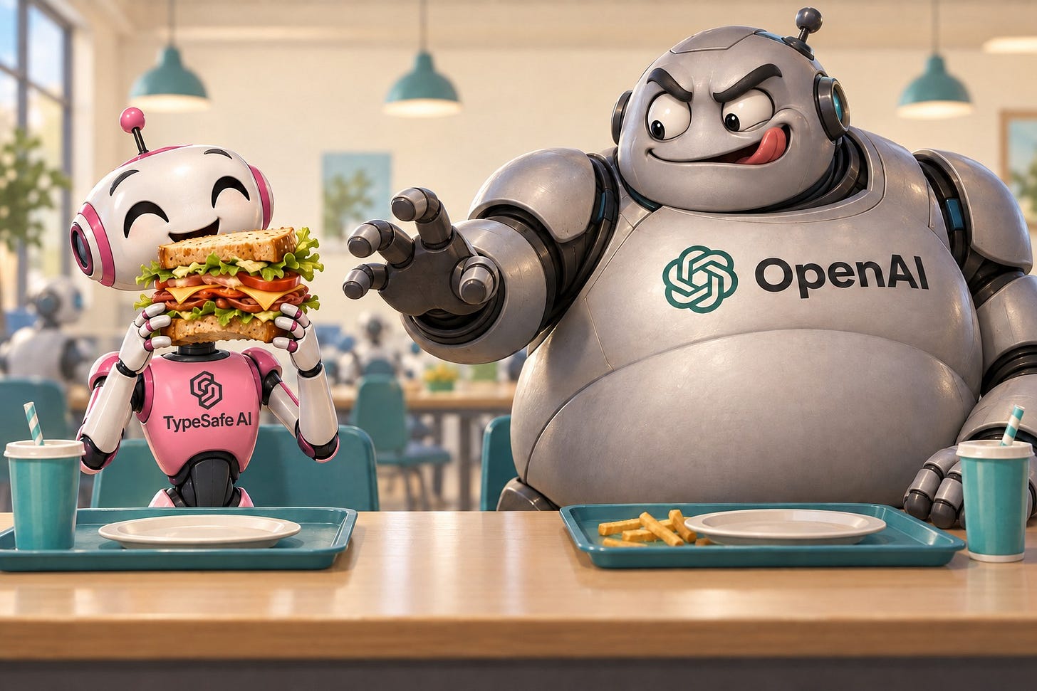 A bulky OpenAI robot licks its lips and reaches toward the enormous sandwich a skinny TypeSafe robot is happily eating. A bulky OpenAI robot licks its lips and reaches toward the enormous sandwich a skinny TypeSafe robot is happily eating.