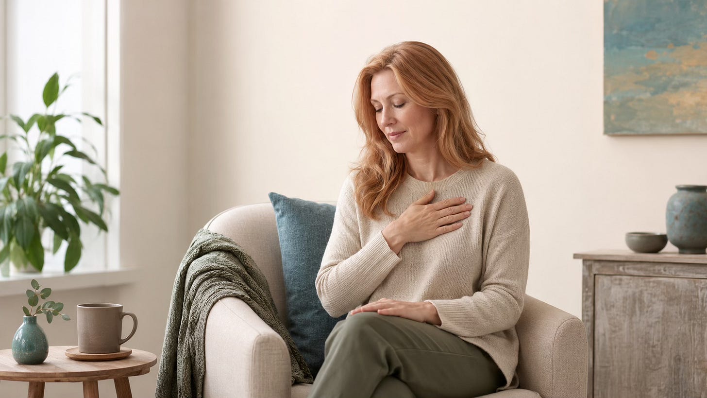 Strawberry-blonde woman seated calmly with one hand near her chest, noticing a body cue with gentleness. Strawberry-blonde woman seated calmly with one hand near her chest, noticing a body cue with gentleness.
