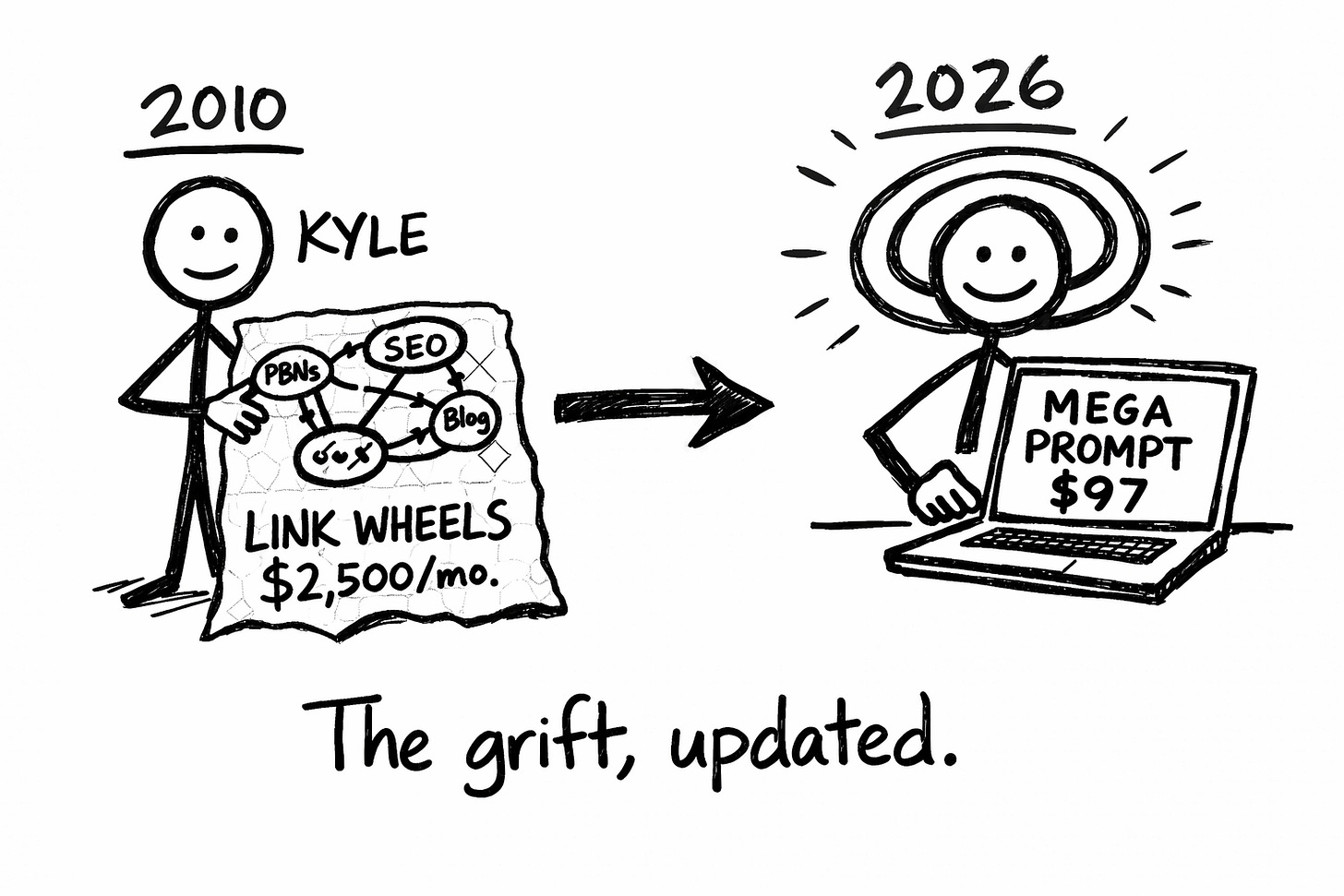 Hand-drawn whiteboard illustration showing a stick figure labeled “Kyle” in 2010 holding a napkin covered in chaotic circles labeled “Link Wheels $2,500/mo,” connected by a timeline arrow to the same stick figure in 2026 wearing a ring light halo and selling a laptop labeled “Mega Prompt $97.”