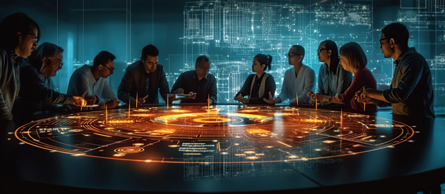 an absurd scene that looks like from a sci-fi movie with several people around a circular table with lit-up digital doodads on it an absurd scene that looks like from a sci-fi movie with several people around a circular table with lit-up digital doodads on it