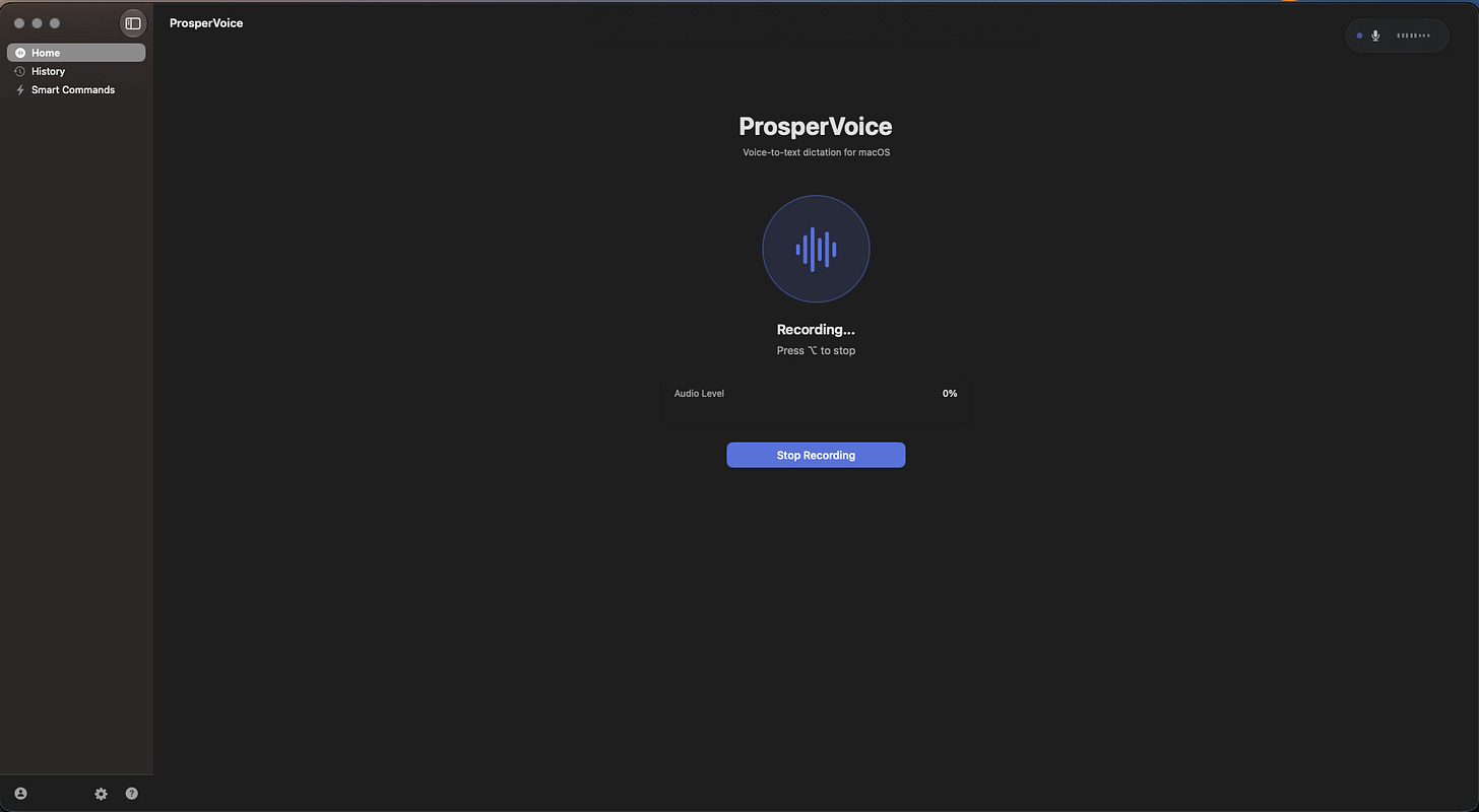 ProsperVoice, a local macOS dictation app, shown running in the menu bar. ProsperVoice, a local macOS dictation app, shown running in the menu bar.