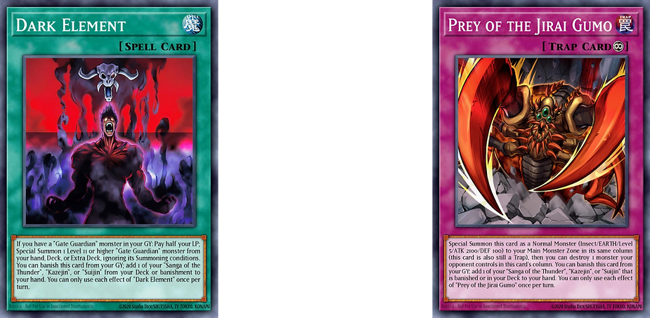 Yu-Gi-Oh cards: "Dark Element" in green with a fiery figure and skull; "Prey of the Jirai Gumo" in purple featuring a large spider.