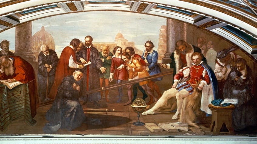 Galileo demonstrating law of gravity in presence of Giovanni de' Medici, 1839 fresco by Giuseppe Bezzuoli Galileo demonstrating law of gravity in presence of Giovanni de' Medici, 1839 fresco by Giuseppe Bezzuoli