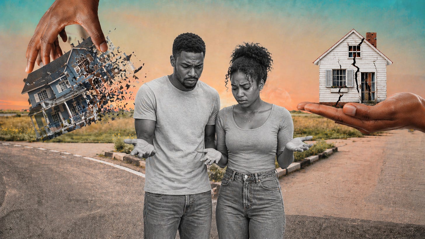 A younger couple stands in uncertainty, hands open, searching for answers, caught between forces they cannot control, where the question is no longer if the system will hold, but what happens when it doesn’t.