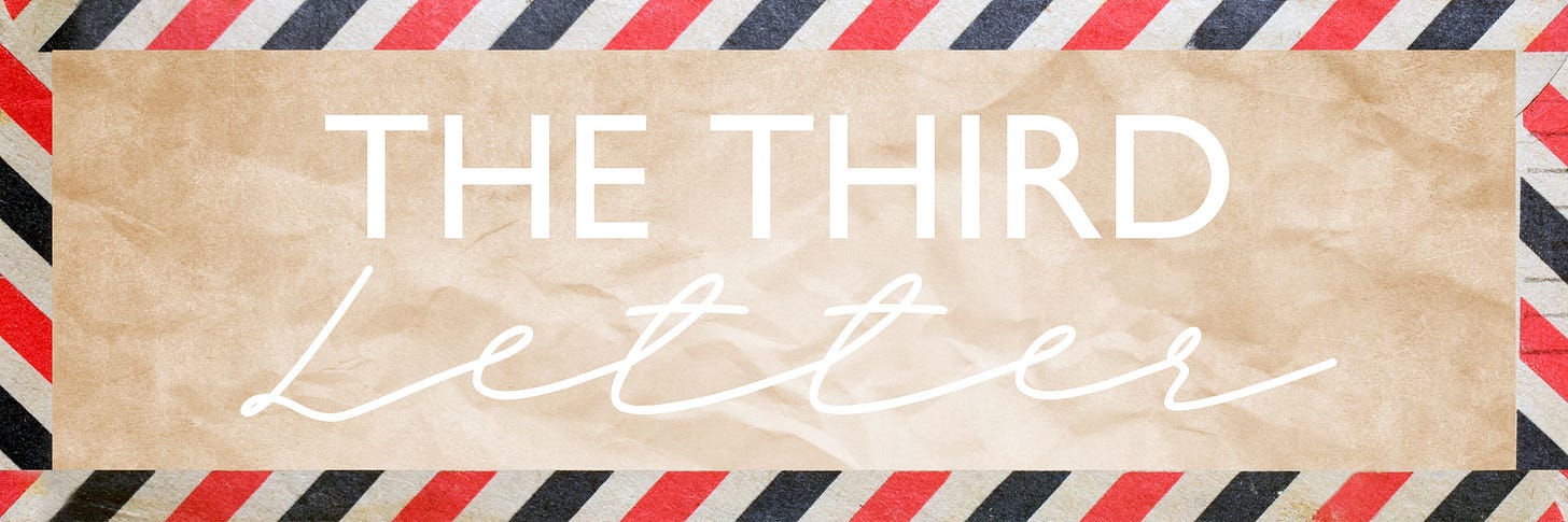 Image on a sepia background with the word The Third Letter, surrounded with a navy blue and red airmail stripe border