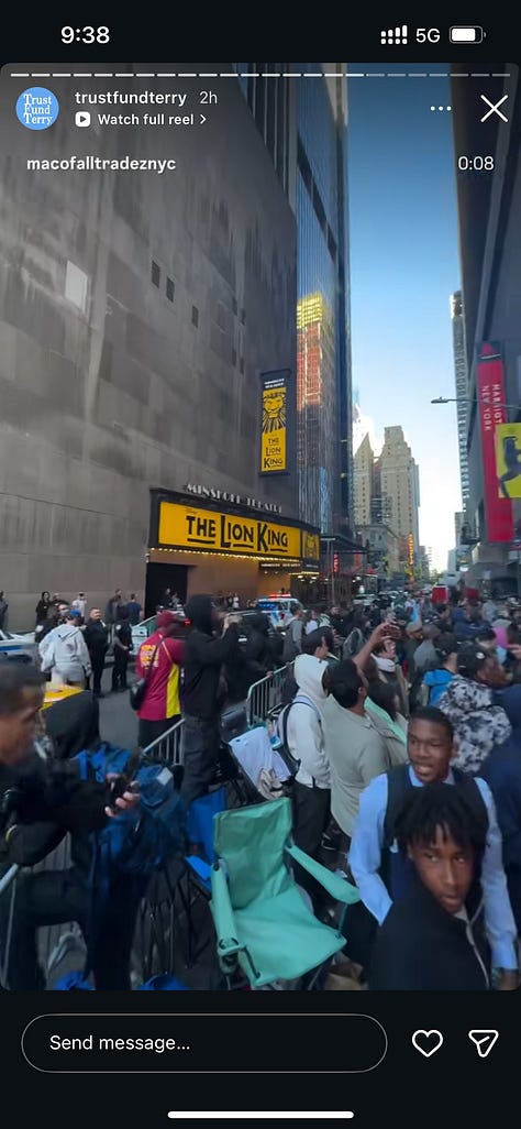 Nine-panel grid of social media screenshots and news footage capturing the chaotic global rollout of the Swatch x Audemars Piguet Royal Pop collaboration. Top row shows uniformed police officers stationed outside a Swatch boutique with the caption "It is the last day of the," a massive crowd packed shoulder-to-shoulder on a Manhattan street in front of "The Lion King" Broadway theatre near Times Square, and a blurred storefront image suggesting motion or commotion. Middle row shows a confrontation between police and individuals on a city street captioned "Losing their freedom," another angle of the dense Times Square crowd in front of the Lion King theatre with people raising phones to film, and an overhead view of a packed crowd outside a Swatch storefront. Bottom row shows a quiet shot of someone walking past a closed boutique captioned "Things getting crazy at the AP X Swatch lineup in Montreal" with a Canadian flag emoji, police officers detaining or speaking with individuals inside a building with the caption "in Miami shutdown," and a dark cinematic still featuring a dimly lit restaurant or bar interior with the text "It's from this new Swatch collab called the Royal Po—" overlaid. The collage documents the global scale of the disruption — from New York and Montreal to Miami — and the police response that accompanied multiple store closures during the Royal Pop launch.