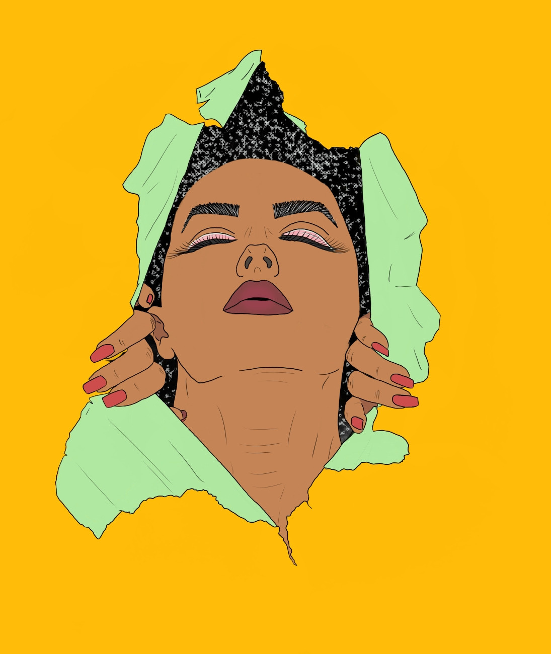 English ALT text: Illustration of a Black woman with her head tilted back, eyes closed, hands gently placed on either side of her face. She wears a black headwrap and green clothing against a bright yellow background, conveying a sense of peace, self-acceptance, and quiet strength. Portuguese ALT text: Ilustração de uma mulher negra com a cabeça inclinada para trás, olhos fechados, mãos delicadamente posicionadas em cada lado do rosto. Ela usa um turbante preto e roupas verdes contra um fundo amarelo vibrante, transmitindo uma sensação de paz, autoaceitação e força silenciosa. English ALT text: Illustration of a Black woman with her head tilted back, eyes closed, hands gently placed on either side of her face. She wears a black headwrap and green clothing against a bright yellow background, conveying a sense of peace, self-acceptance, and quiet strength. Portuguese ALT text: Ilustração de uma mulher negra com a cabeça inclinada para trás, olhos fechados, mãos delicadamente posicionadas em cada lado do rosto. Ela usa um turbante preto e roupas verdes contra um fundo amarelo vibrante, transmitindo uma sensação de paz, autoaceitação e força silenciosa.