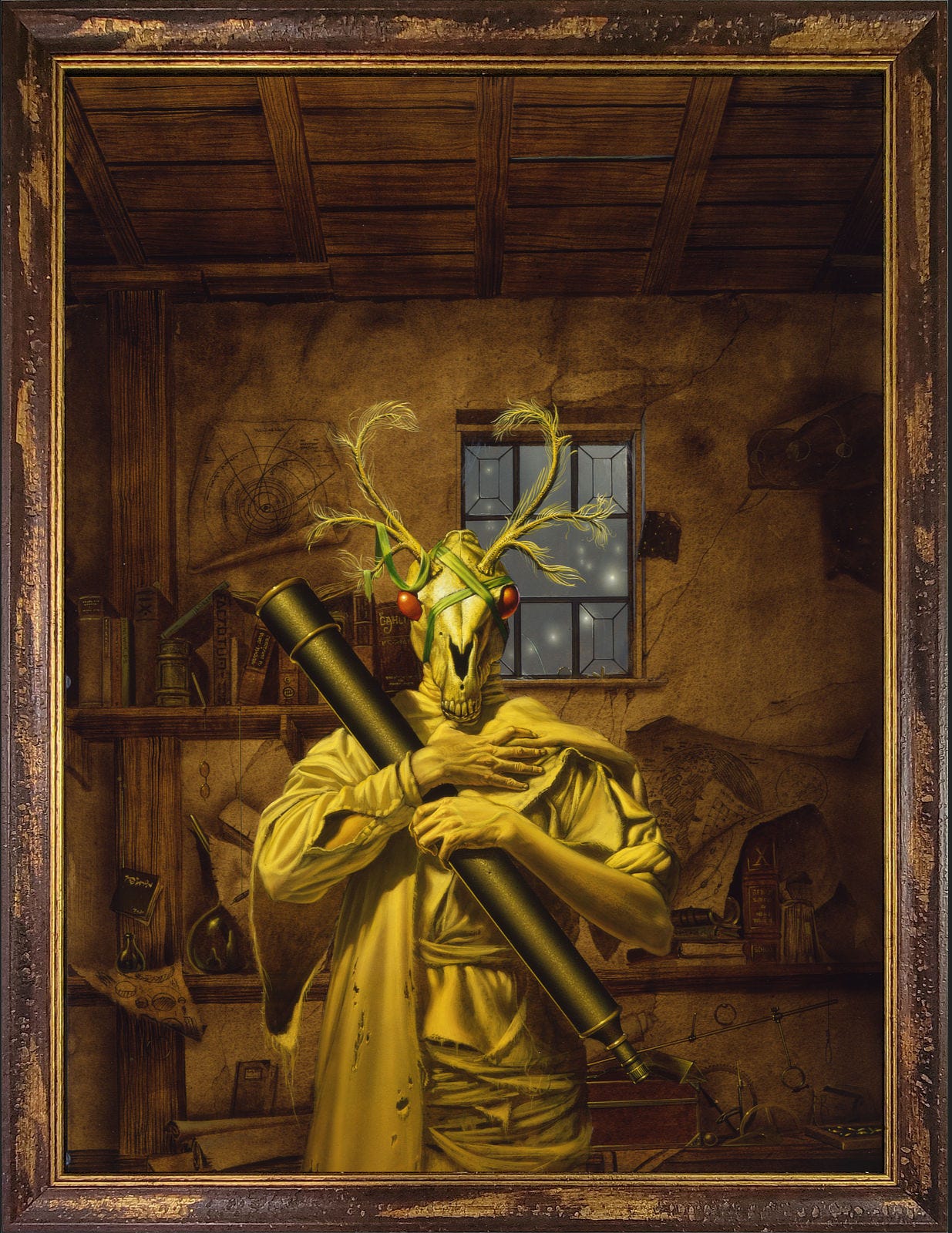 A man wearing the skull of a deer clasps the long tube of a telescope tightly to him. One sleeve of his tattered white garments is rolled up past the elbow. Ridges of veins are raised in the tense grips of his hands. Red orbs fill the sockets of the skull while green ribbon twists around the bone until loosely draping over antlers. Filaments sprout, oddly feathery, from the curling rack. On the dingy shelves behind, a small assortment of hardbound books lean with more stacked haphazardly on the long shelf below. Charts tacked to the wall curl with age. Points of light, more like street lamps than stars, gleam in the cracked glass of a many-paned window. A man wearing the skull of a deer clasps the long tube of a telescope tightly to him. One sleeve of his tattered white garments is rolled up past the elbow. Ridges of veins are raised in the tense grips of his hands. Red orbs fill the sockets of the skull while green ribbon twists around the bone until loosely draping over antlers. Filaments sprout, oddly feathery, from the curling rack. On the dingy shelves behind, a small assortment of hardbound books lean with more stacked haphazardly on the long shelf below. Charts tacked to the wall curl with age. Points of light, more like street lamps than stars, gleam in the cracked glass of a many-paned window.