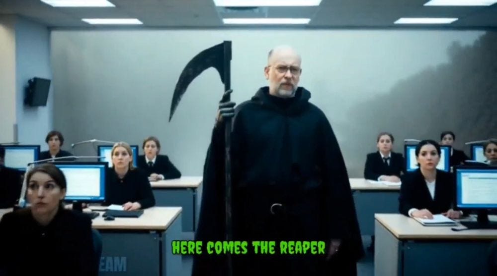 AI slop image showing Russ Vought as the Reaper and people at desks with their computer monitors facing away from them. AI slop image showing Russ Vought as the Reaper and people at desks with their computer monitors facing away from them.