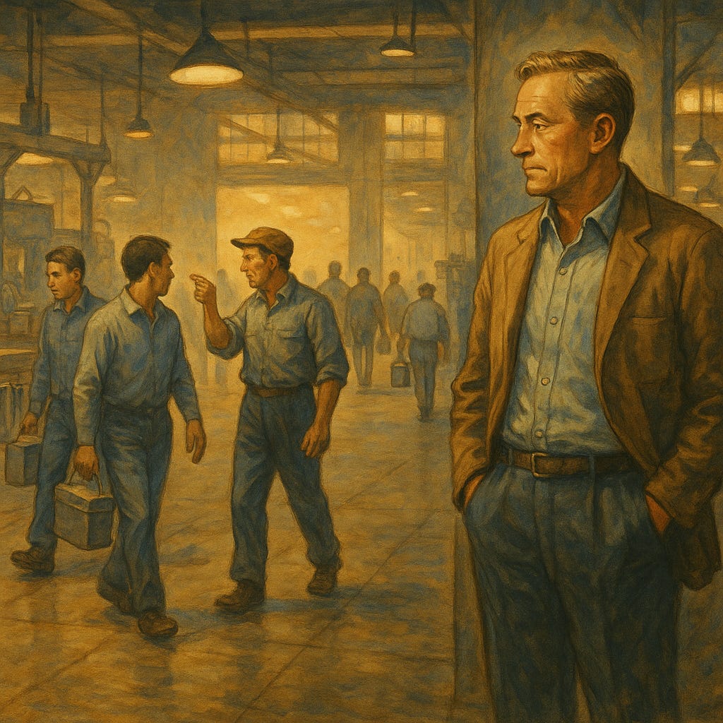 A middle-aged factory owner (in his 40s or 50s) stands quietly at the edge of a large manufacturing floor as the workday ends. 