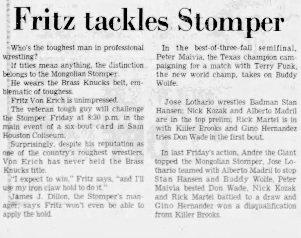 50 Years Ago On This Day In Pro Wrestling History, January 16th, 1976, The Mongolian Stomper takes down the Texas legend, Fritz Von Erich at the Sam Houston Coliseum in Houston, Texas. 50 Years Ago On This Day In Pro Wrestling History, January 16th, 1976, The Mongolian Stomper takes down the Texas legend, Fritz Von Erich at the Sam Houston Coliseum in Houston, Texas.