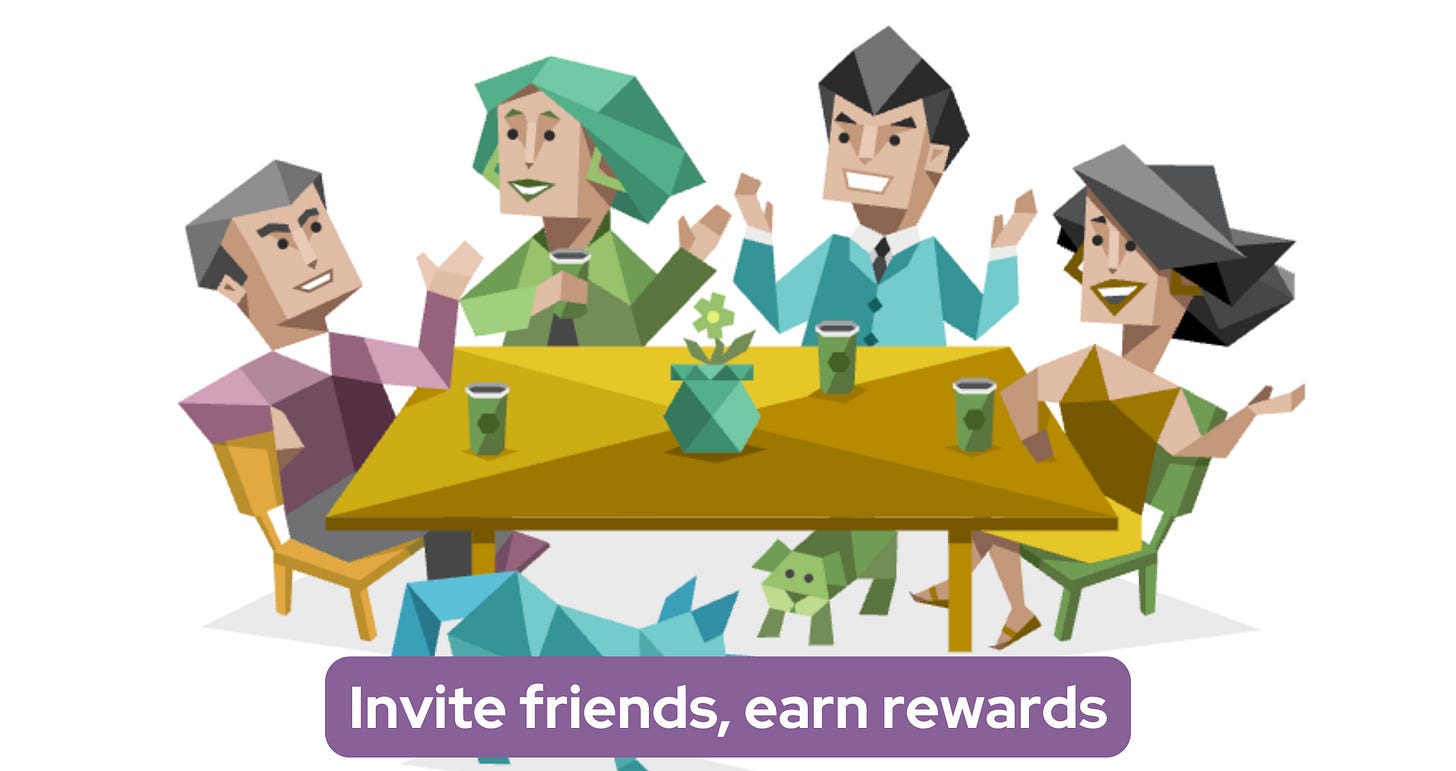 Four friends sit around a table drinking coffee and chatting. Text in a purple banner reads: Invite friends, earn rewards