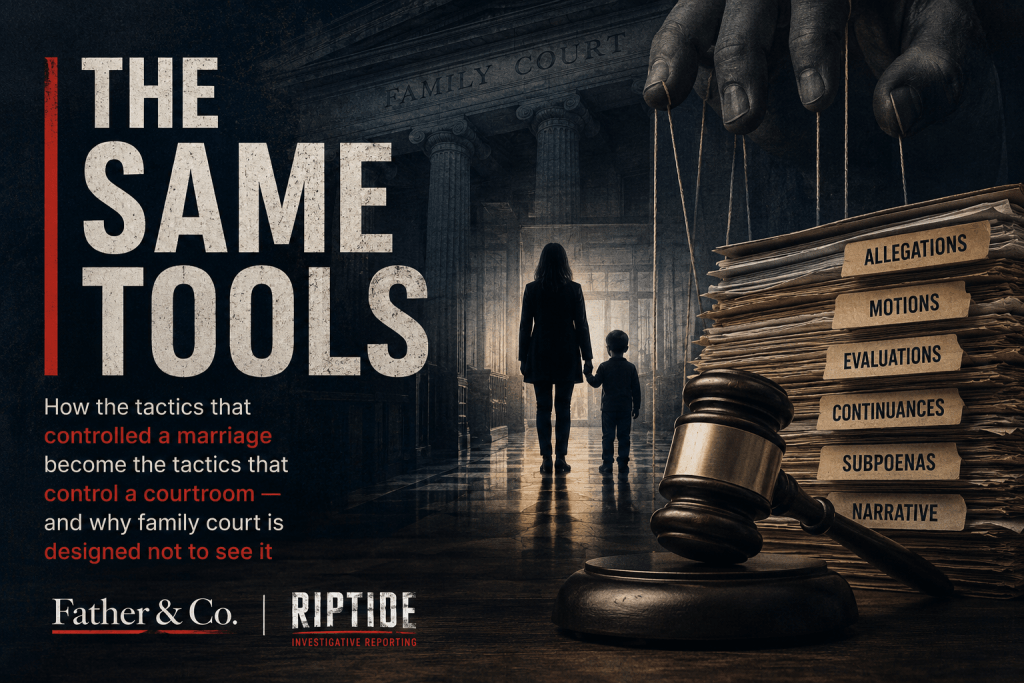 A dark courtroom scene featuring a woman and child holding hands in silhouette, with a large gavel in the foreground and stacks of labeled files showing terms related to legal proceedings.