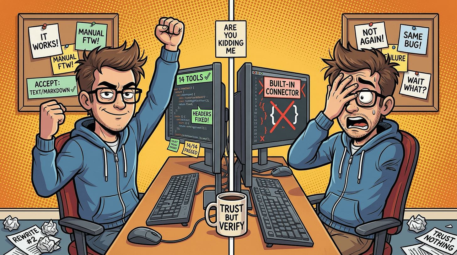 Split scene: left side shows a developer celebrating with "IT WORKS!" and "Accept: text/markdown" notes; right side shows the same developer dismayed by the failed auto-generated server, "TRUST BUT VERIFY" mug in the center