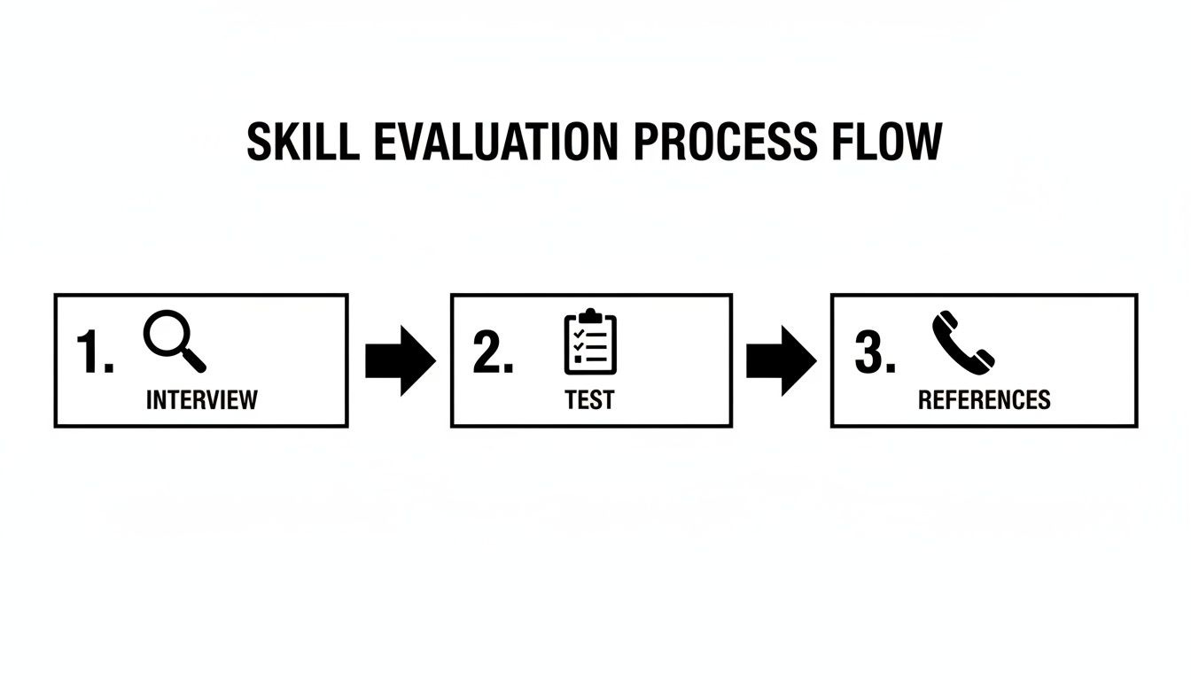 A skill evaluation process flow diagram showing three steps: Interview, Test, and References.