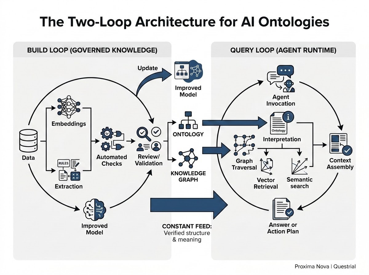 A technical architecture diagram titled 'The Two-Loop Architecture for AI Ontologies'. On the left, the 'Build Loop' (Governed Knowledge) shows a flow from raw Data to Embeddings and Extraction, passing through Automated Checks to Review/Validation, finally updating the Ontology and Knowledge Graph to create an Improved Model. On the right, the 'Query Loop' (Agent Runtime) starts with an Agent Invocation, using the Ontology for Interpretation, performing Graph Traversal and Vector Retrieval to enable Context Assembly, resulting in an Answer or Action Plan. Central arrows show the Build Loop constantly feeding verified structure and meaning into the Knowledge Graph and Ontology, which directly power the Query Loop's retrieval and reasoning processes.