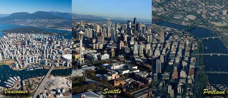 Overhead city views of Vancouver, Seattle, and Portland