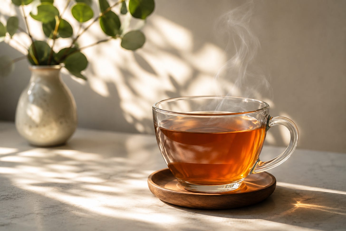 A steaming glass cup of freshly brewed amber tea rests on a wooden coaster on a light stone countertop. Sunlight streams across the surface, creating soft leaf-shaped shadows, while a ceramic vase with eucalyptus branches sits out of focus in the background.
