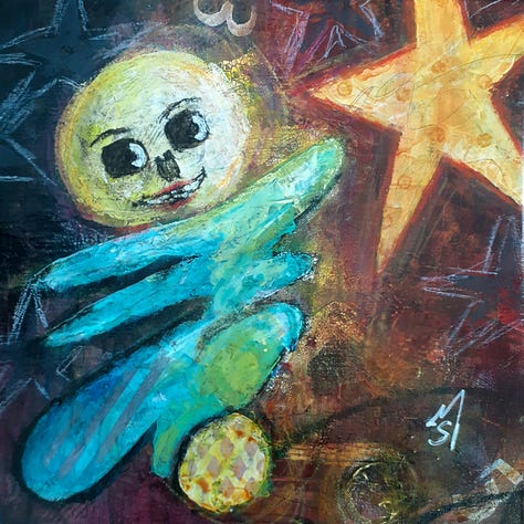 Mixed media paintings of strange creatures