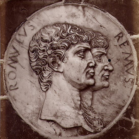 Depiction of two men facing right