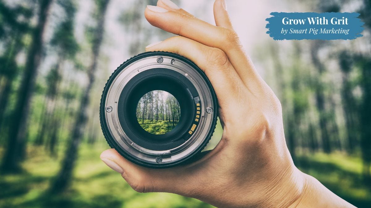A hand holds a camera lens in front of a blurred forest, bringing the center of the image into sharp focus. The photograph symbolizes looking at a business from a customer's perspective to gain clarity and identify opportunities for improvement. Grow With Grit by Smart Pig Marketing branding appears in the upper right corner.