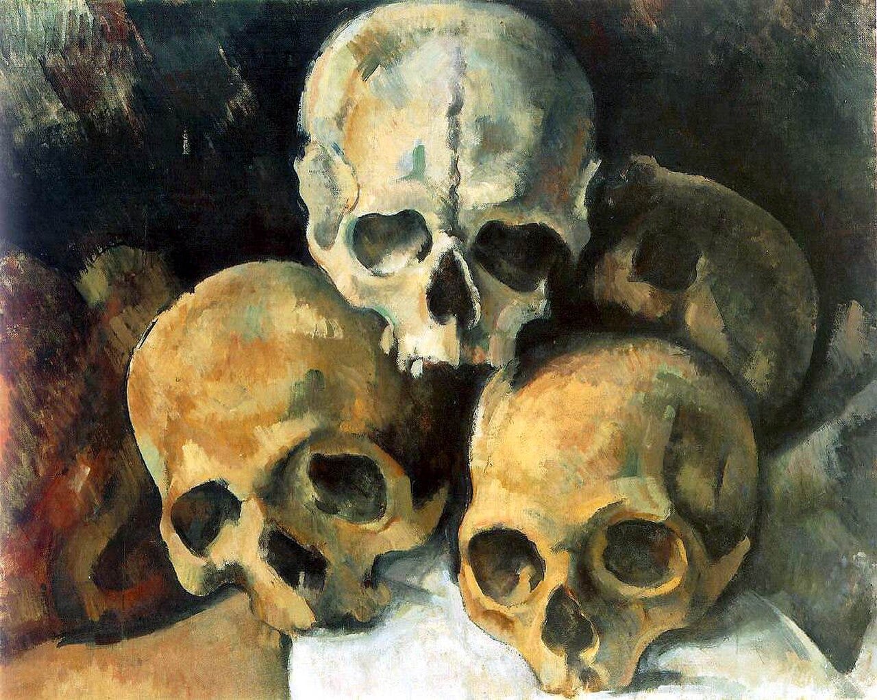 Cezanne's four human skulls stacked into a pyramid on a bare canvas Cezanne's four human skulls stacked into a pyramid on a bare canvas