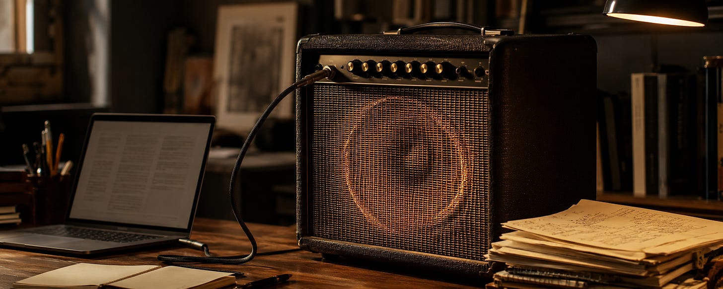 A warm editorial-style image of a vintage guitar amplifier on a writer’s desk, connected by a cable to an open laptop and stacks of handwritten draft pages. A subtle amber glow on the speaker suggests amplification, while the papers and laptop show the human source of the signal.