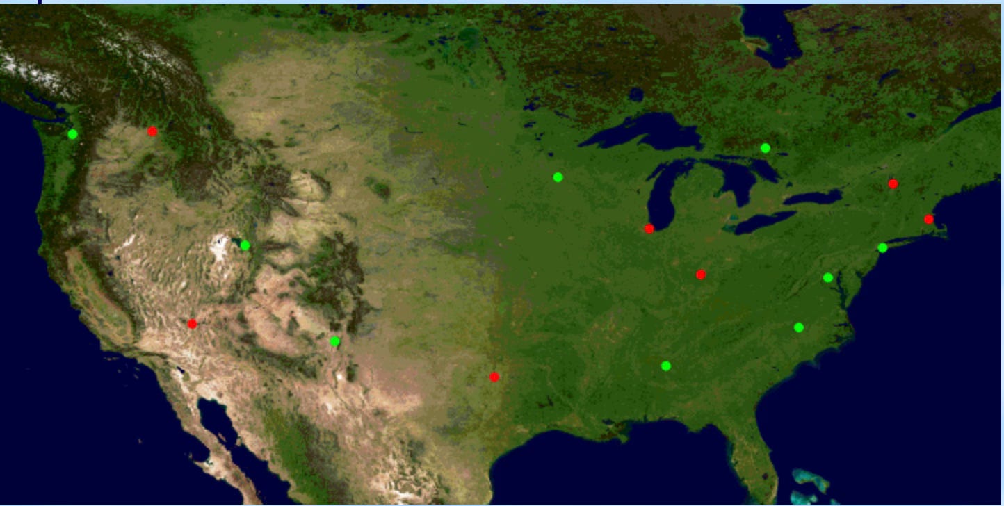 A map with various cities in green and red scattered across North America with no labels