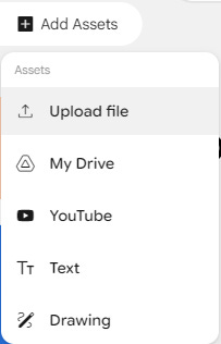 ChatGPT said:  A dropdown menu in Google Opal showing asset options: Upload file, My Drive, YouTube, Text, and Drawing.