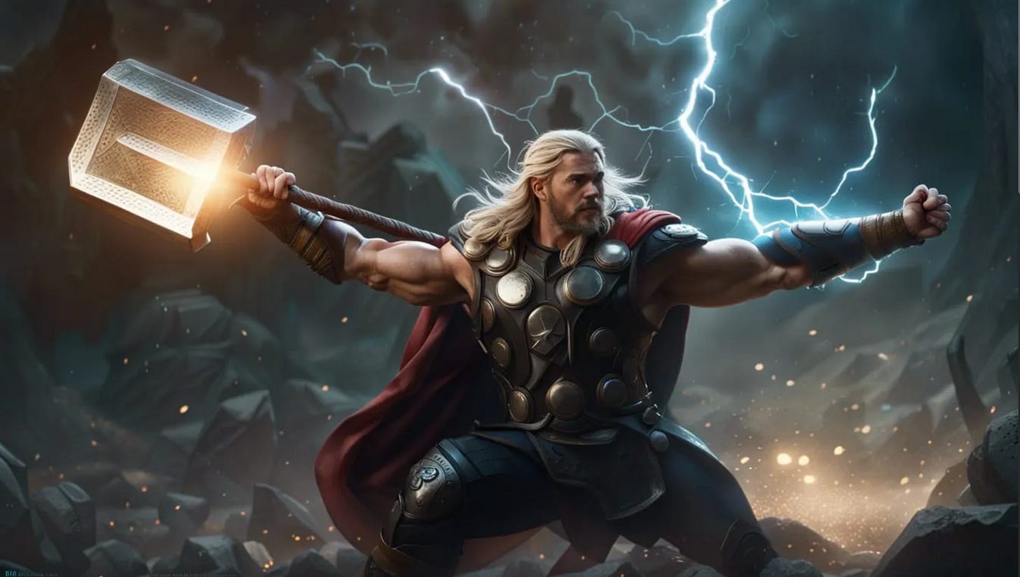 Mjöllnir the Mighty, Mauler of Miscreants, make mighty your master, Thor Odinsson! Mjöllnir the Mighty, Mauler of Miscreants, make mighty your master, Thor Odinsson!