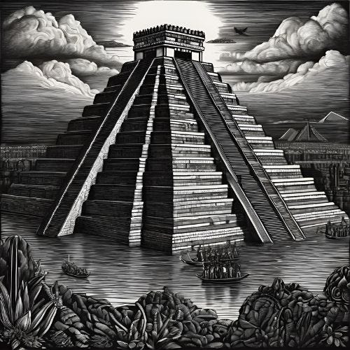 Illustration of an ancient Aztec pyramid temple rising from a lake, inspired by Templo Mayor in Tenochtitlan. Surrounded by canoes, lush vegetation, and dramatic clouds, this black-and-white artwork captures the grandeur of Mexica architecture and Mesoamerican mythology. Illustration of an ancient Aztec pyramid temple rising from a lake, inspired by Templo Mayor in Tenochtitlan. Surrounded by canoes, lush vegetation, and dramatic clouds, this black-and-white artwork captures the grandeur of Mexica architecture and Mesoamerican mythology.