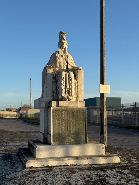 A concrete sphnix and two views of a war memorial