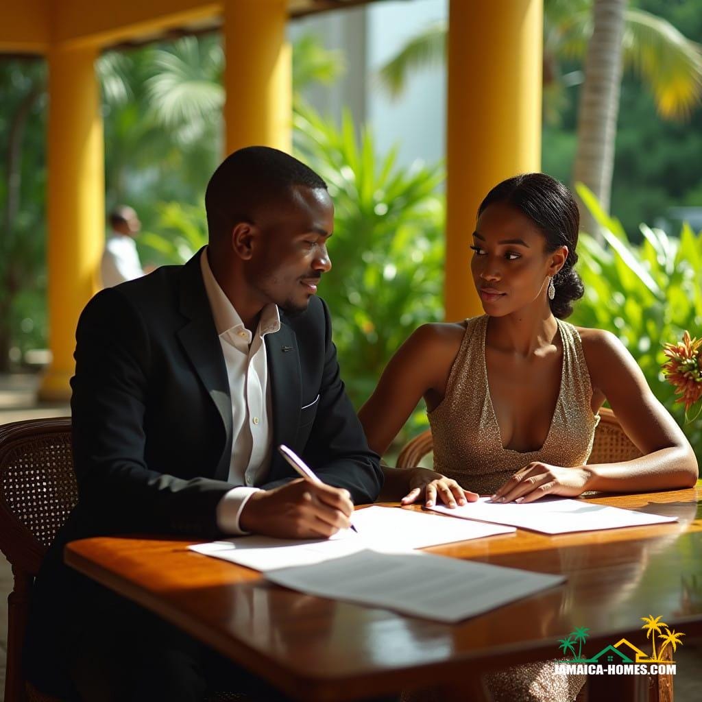 Elegant couple, businessman and businesswoman, dressed in formal attire, seated at a polished wooden table, surrounded by lush greenery and vibrant Caribbean architecture, signing documents for a Company Limited by Guarantee, in a warm, sun-drenched Jamaican setting, infused with a sense of tropical sophistication. Cinematic film still, reminiscent of the works of Terrence Malick, with a touch of Wes Anderson's attention to detail, and the atmospheric lighting of Emmanuel Lubezki, shot on 35mm film, with a subtle film grain, vignette, and color graded to perfection, evoking the nostalgic feel of a bygone era, post-processed to enhance the dramatic tension, with a hint of epic grandeur, and a deep sense of atmosphere, as if plucked from the pages of a literary masterpiece.