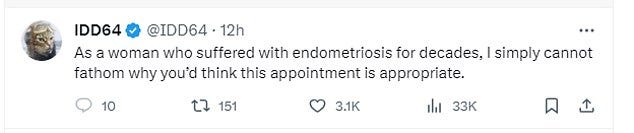 Some endometriosis suffers, like a user who only went by IDD64, said they struggled to understand how the charity could consider this appropriate