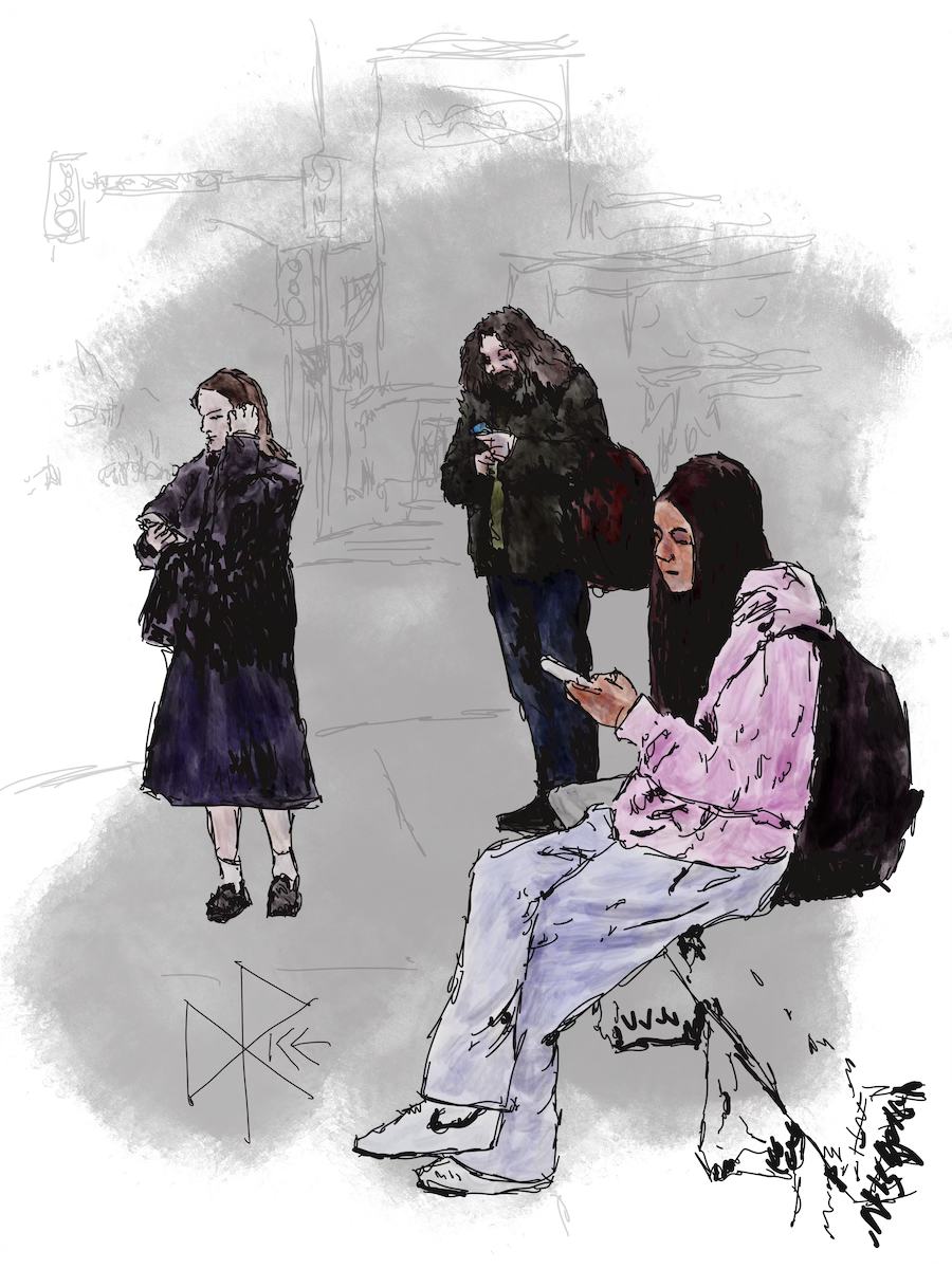 Each looking at their phones, three people wait for the arrival of a bus. Sketch art by Don Rice.