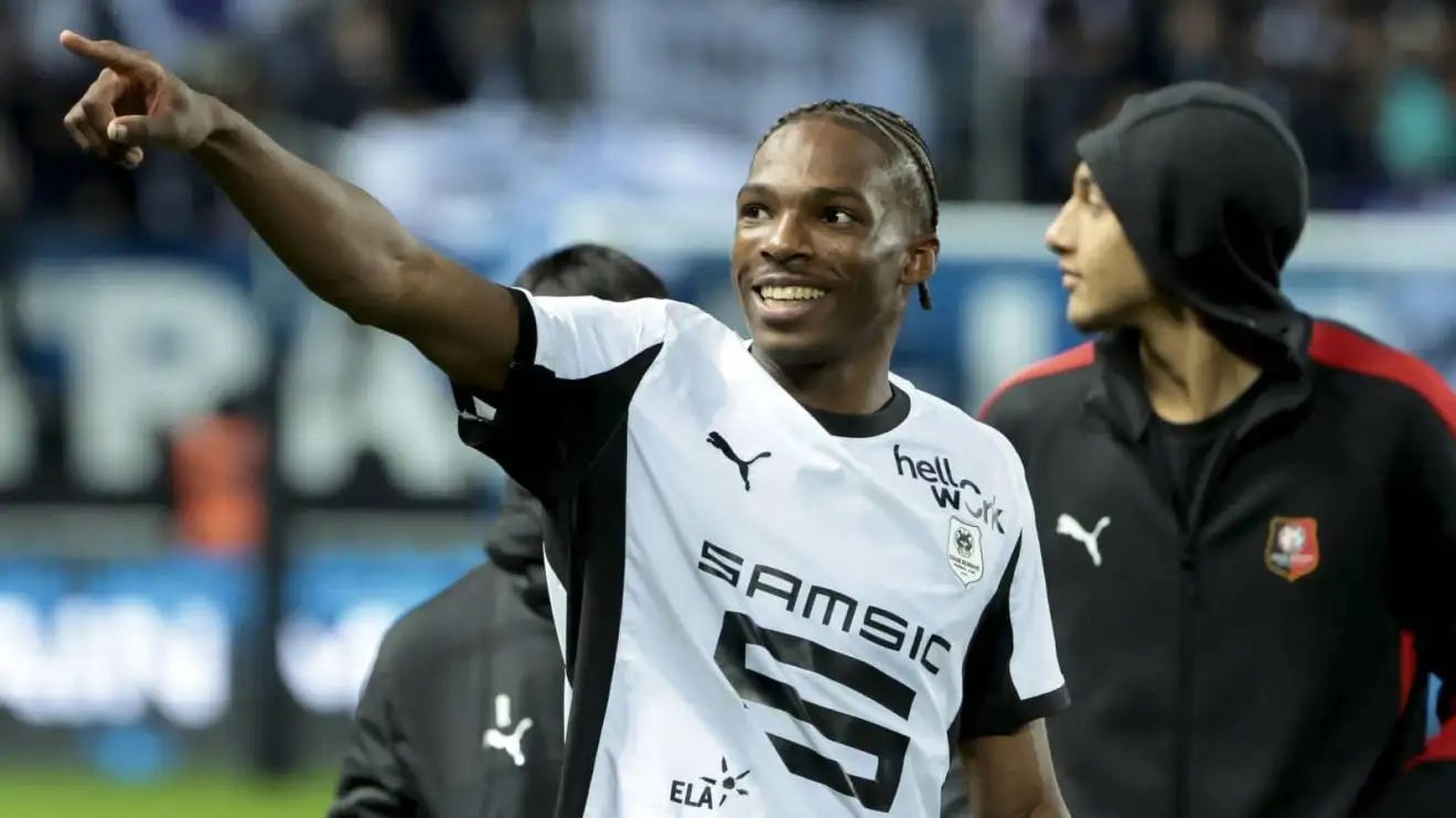 Rennes centre-back Jeremy Jacquet pointing in the distance after a Ligue 1 match