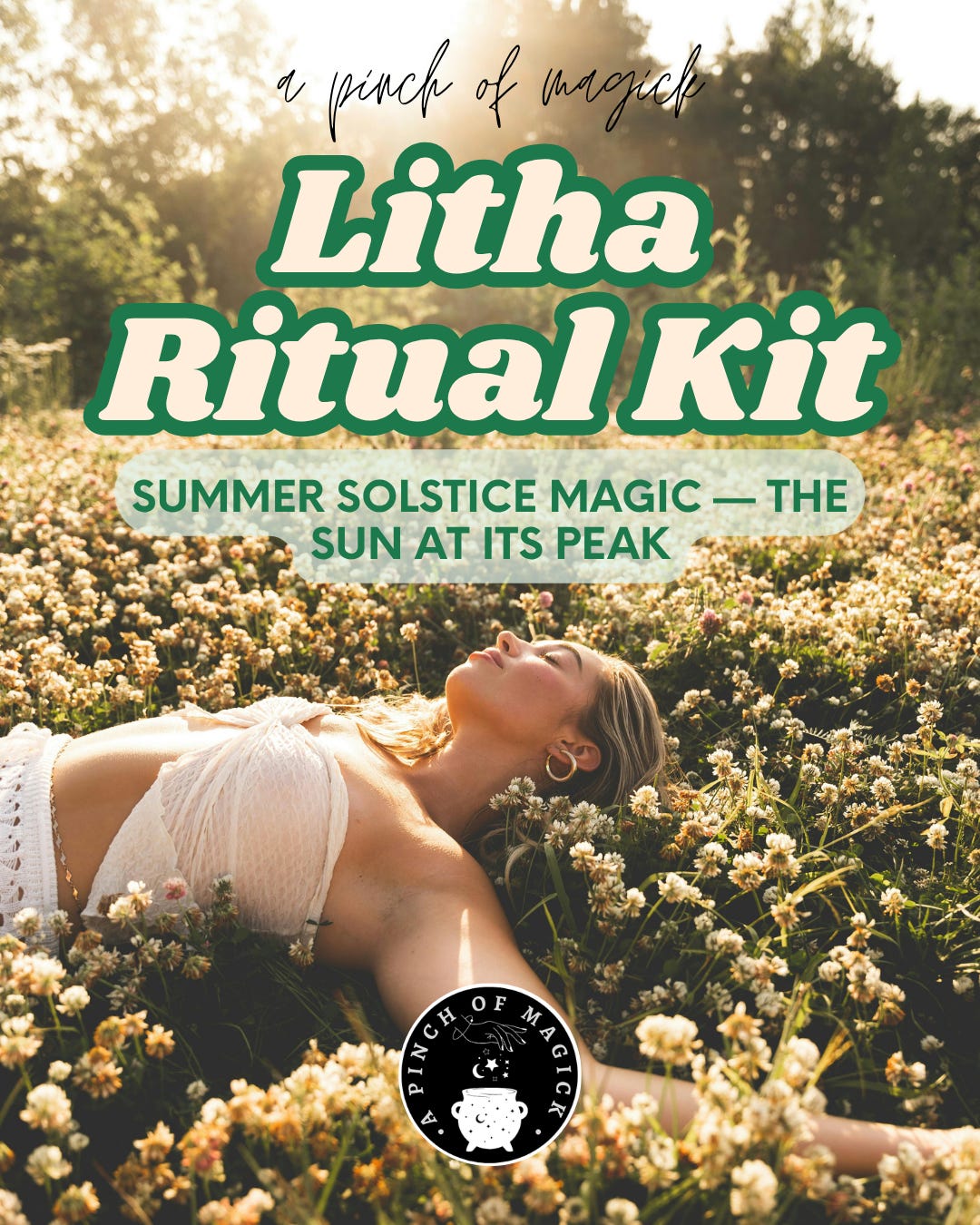Litha Ritual Kit Pinterest pin for A Pinch of Magick, showing a sunlit wildflower field and summer solstice magic theme for celebrating the sun at its peak.