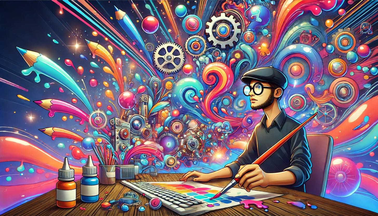 An animated-style digital artwork depicting a youthful artist with a cap and glasses, engaged at a high-tech workstation, surrounded by a flurry of vivid, animated elements. The scene is filled with exaggerated, cartoonish features like oversized paintbrushes dripping vibrant paint, floating oversized gears, and whimsical devices emitting colorful sparks. The background swirls with neon colors and fantastical, exaggerated shapes, emphasizing motion and a sense of wonder, creating a highly graphic and lively visual experience.