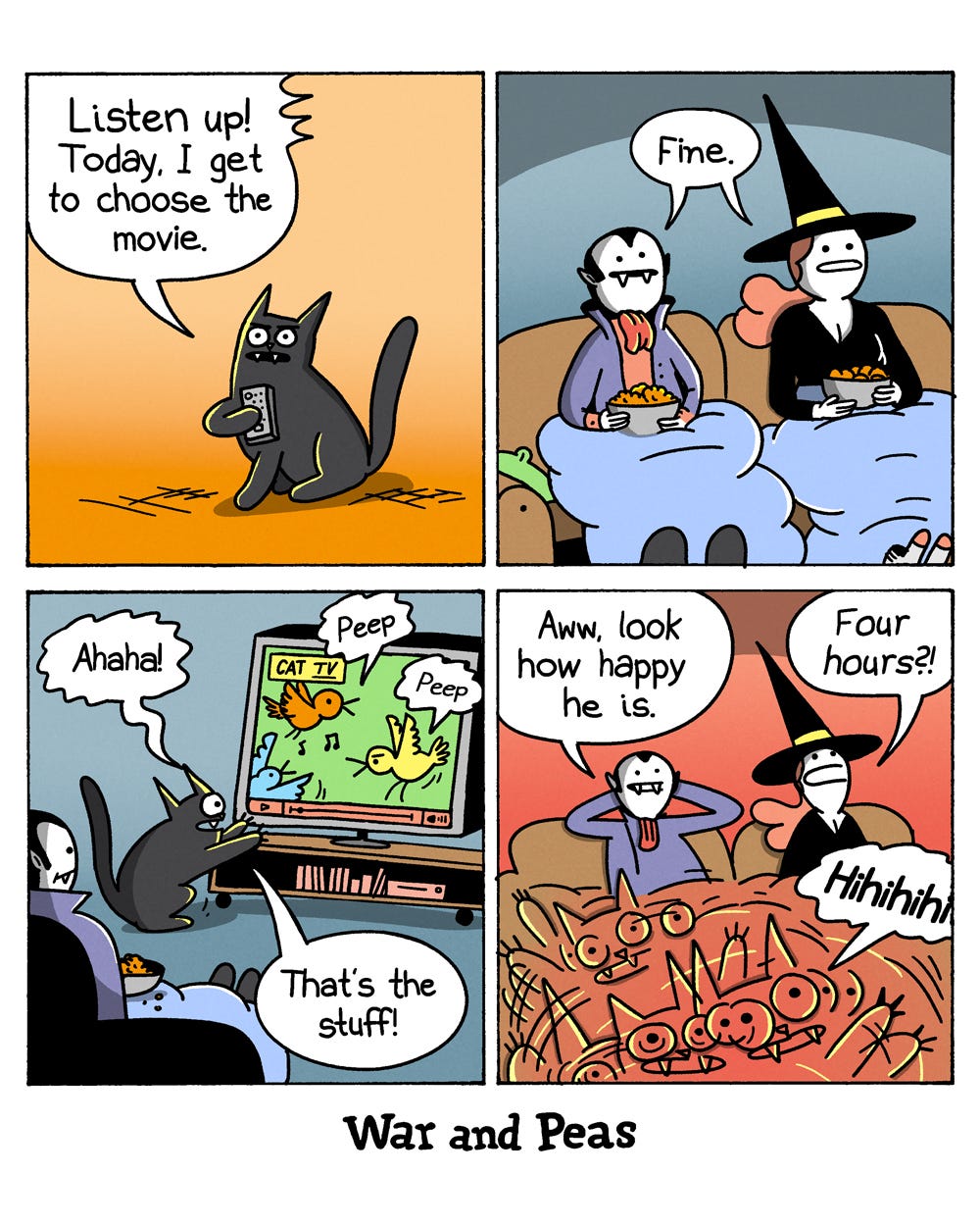 Panel 1: A black cat (Lord Nibbles) holds a TV remote and says, "Listen up! Today, I get to choose the movie." Panel 2: A vampire and a witch (Slutty Witch) sit on a couch under a blue blanket, each holding a bowl of snacks. Both say, "Fine." Panel 3: The TV shows "CAT TV" — a programme of colourful birds chirping "Peep Peep." The cat watches from the floor, thrilled, saying "That's the stuff!" Panel 4: The vampire says, "Aww, look how happy he is." The witch says, "Four hours?!" The cat leaps wildly back and forth in front of the TV, drawn with dynamic motion lines, giggling "Hihihihi." Panel 1: A black cat (Lord Nibbles) holds a TV remote and says, "Listen up! Today, I get to choose the movie." Panel 2: A vampire and a witch (Slutty Witch) sit on a couch under a blue blanket, each holding a bowl of snacks. Both say, "Fine." Panel 3: The TV shows "CAT TV" — a programme of colourful birds chirping "Peep Peep." The cat watches from the floor, thrilled, saying "That's the stuff!" Panel 4: The vampire says, "Aww, look how happy he is." The witch says, "Four hours?!" The cat leaps wildly back and forth in front of the TV, drawn with dynamic motion lines, giggling "Hihihihi."