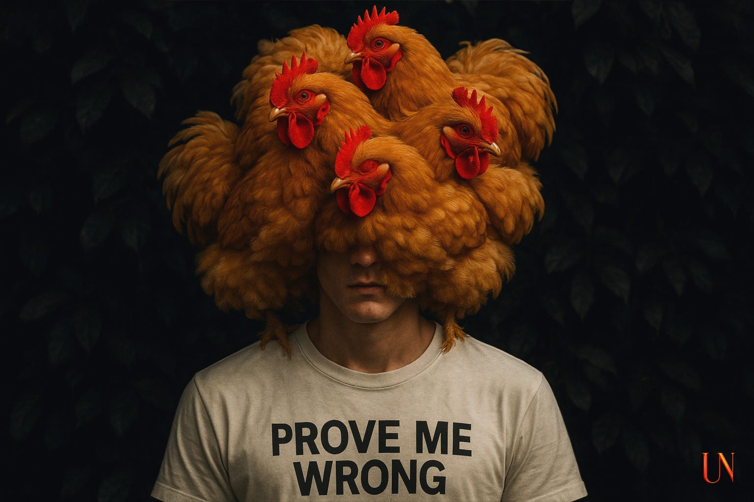 A surreal portrait of a man in a white T-shirt that reads “Prove Me Wrong.” His head is obscured by a crown of five large, rust-colored chickens, their red combs blazing against the dark background. The birds cover his eyes and ears, absurd and ominous, as if the chickens themselves have come home to roost.