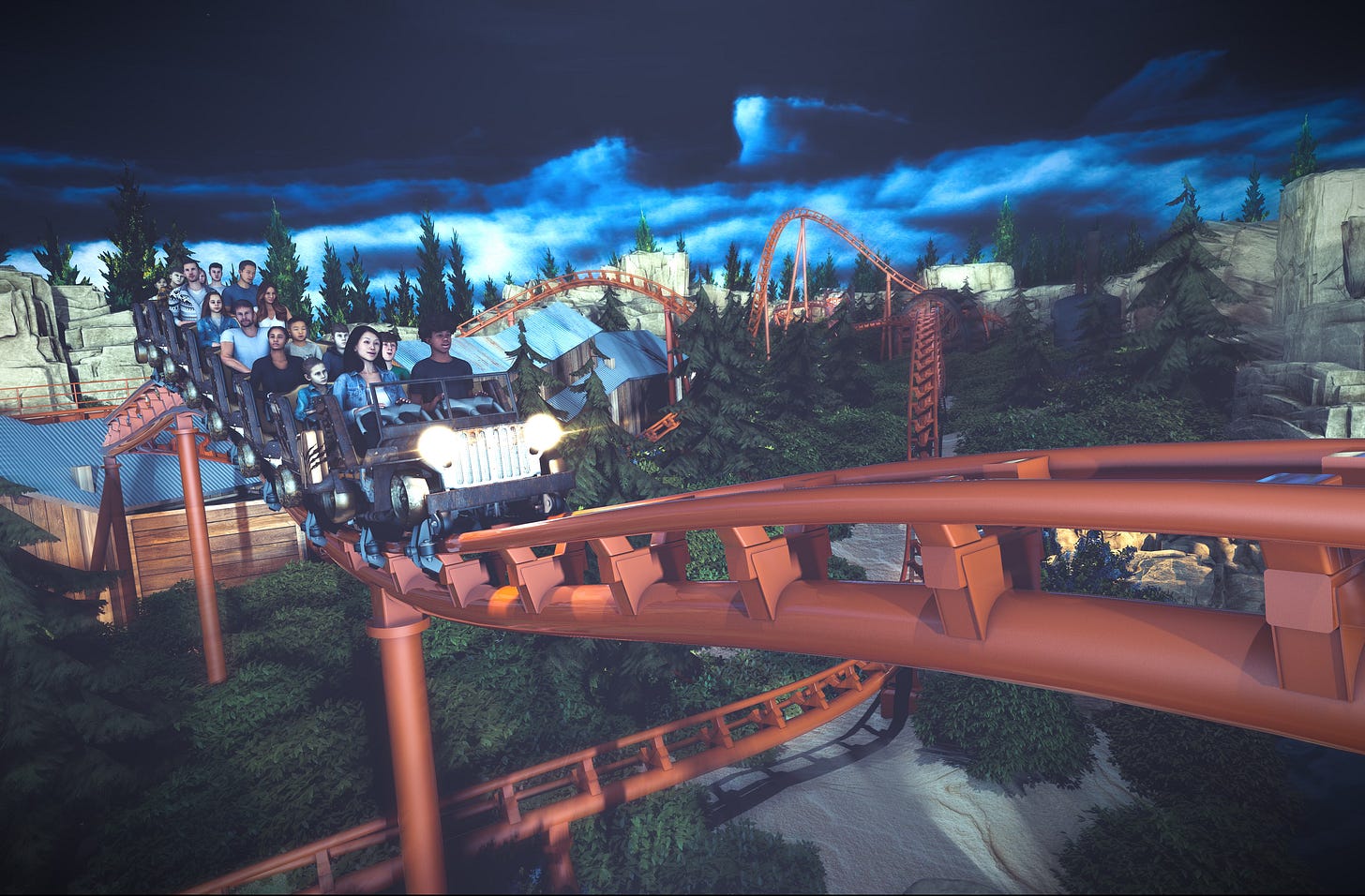 Rendering of Werewolf Gorge coaster soaring above Six Flags Fiesta Texas Rendering of Werewolf Gorge coaster soaring above Six Flags Fiesta Texas