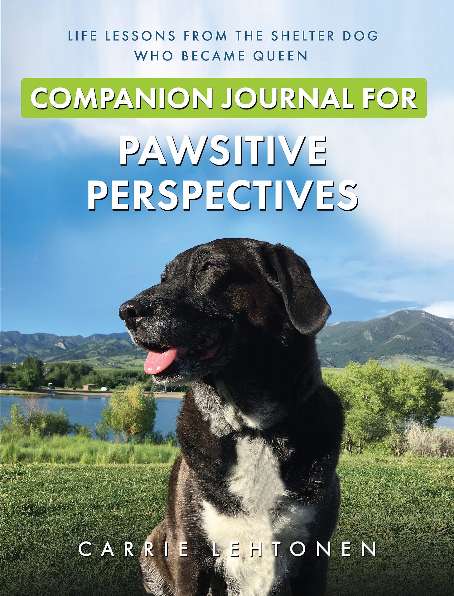 cover of a journal with a photo of a dog sitting in the grass in front of a lake with mountains in the distance