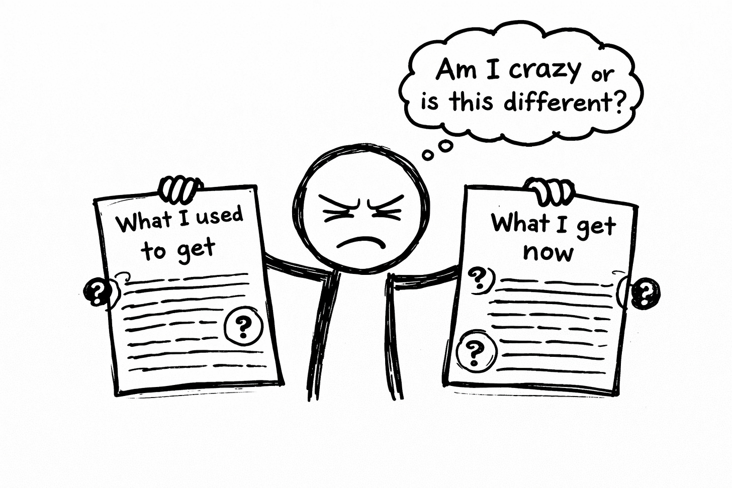 Black Sharpie doodle of a stick figure holding two pages labeled “What I used to get” and “What I get now,” squinting at subtle differences circled with question marks, thought bubble saying “Am I crazy or is this different?” illustrating AI output drift after a model update.