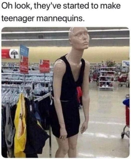 May be an image of 1 person and text that says 'Oh look, they've started to make teenager mannequins.'