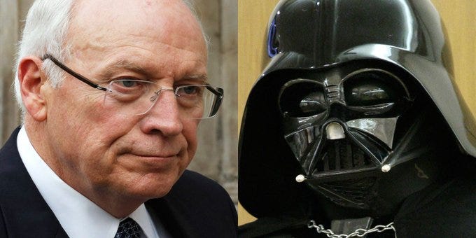 Left side shows an elderly man with white hair, glasses, serious expression, wearing a dark suit, white shirt, and tie, facing forward. Right side depicts Darth Vader in black helmet and armor with red lights on mask, standing against a beige background.